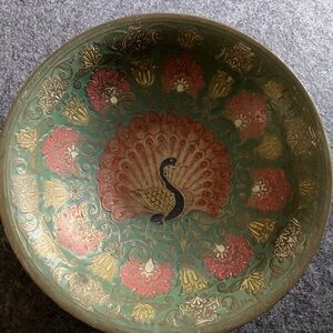 Vintage Brass Cloisonne Footed Dish India Hand Painted Peacock
